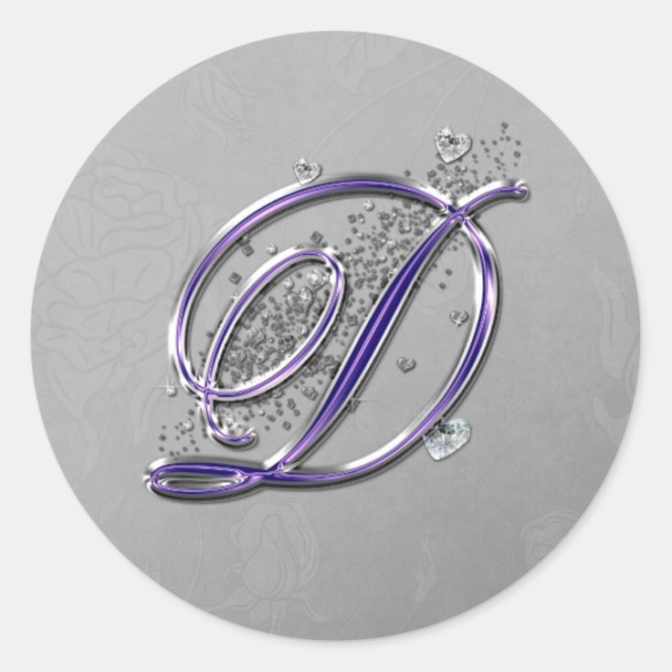 Purple and Silver Glitter Fancy Script Monogram D Classic Round Sticker ...