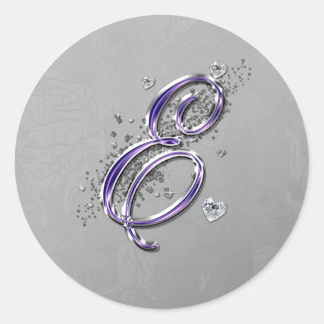 Purple and Silver Glitter Fancy Script Monogram E Classic Round Sticker ...