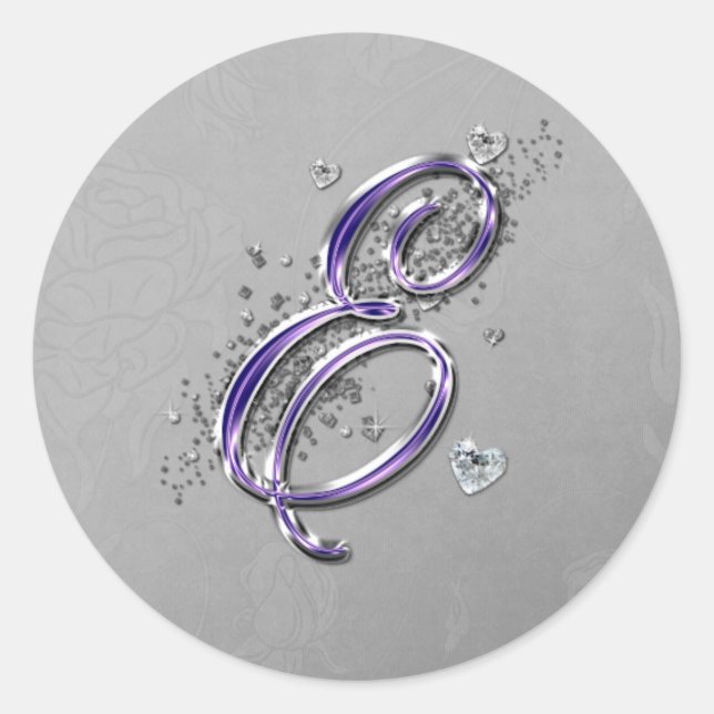 Purple and Silver Glitter Fancy Script Monogram E Classic Round Sticker (Front)
