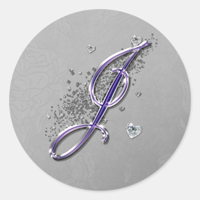 Purple and Silver Glitter Fancy Script Monogram J Classic Round Sticker (Front)