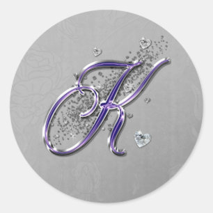 Purple and Silver Glitter Fancy Script Monogram K Classic Round Sticker