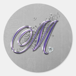 Purple and Silver Glitter Fancy Script Monogram M Classic Round Sticker