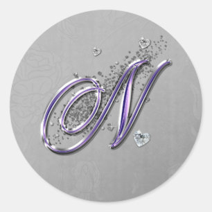 Purple and Silver Glitter Fancy Script Monogram N Classic Round Sticker