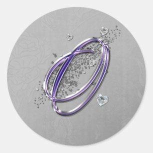 Purple and Silver Glitter Fancy Script Monogram O Classic Round Sticker