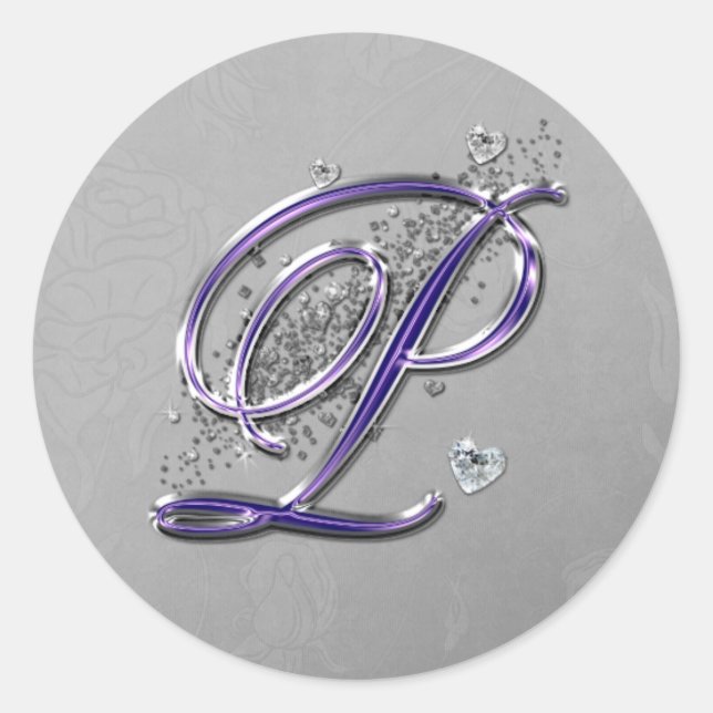 Purple and Silver Glitter Fancy Script Monogram P Classic Round Sticker (Front)
