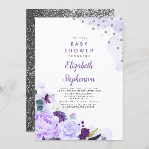 Purple and Silver Glitter Floral Baby Shower Invitation