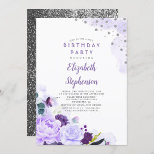Purple and Silver Glitter Floral Birthday Party Invitation