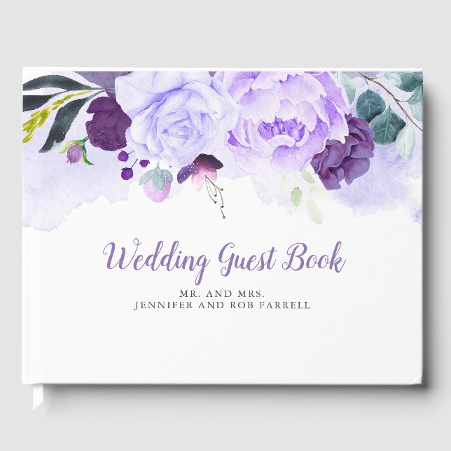 Purple and Silver Glitter Floral Wedding Guest Book (Front)