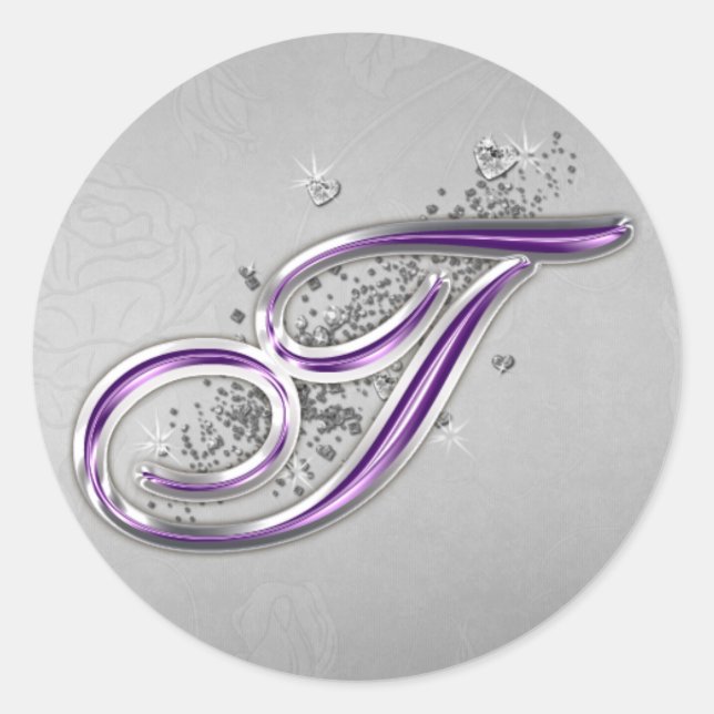 Purple and Silver Glitter Monogram T Sticker (Front)