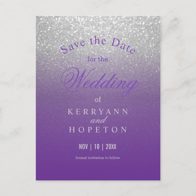 Purple and Silver Glitter - Save The Date Announcement Postcard (Front)