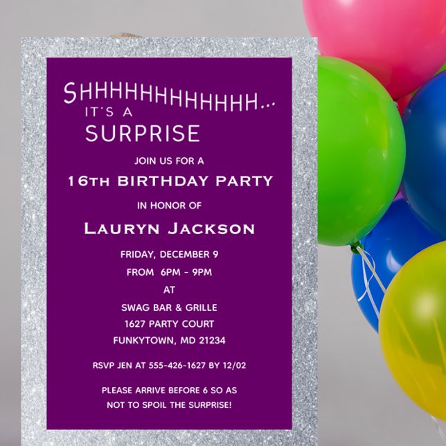 Purple and Silver Glitter Surprise Party Birthday Invitation (Creator Uploaded)
