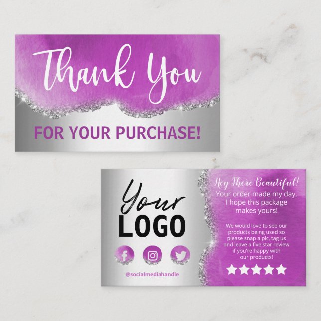 Purple And Silver Glitter Thank You Business Card (Front/Back)