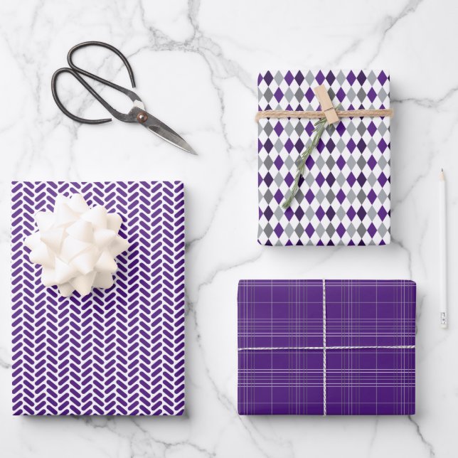 Purple and Silver Gray Mixed Patterns Wrapping Paper Sheets (Front)