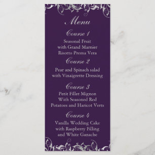 purple and silver gray wedding menu cards