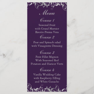 purple and silver gray wedding menu cards
