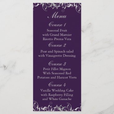 purple and silver gray wedding menu cards