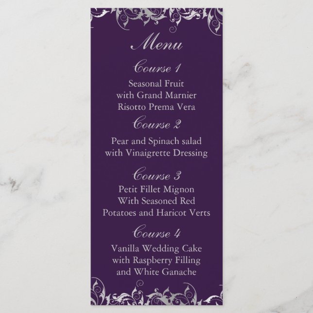 purple and silver gray wedding menu cards (Front)