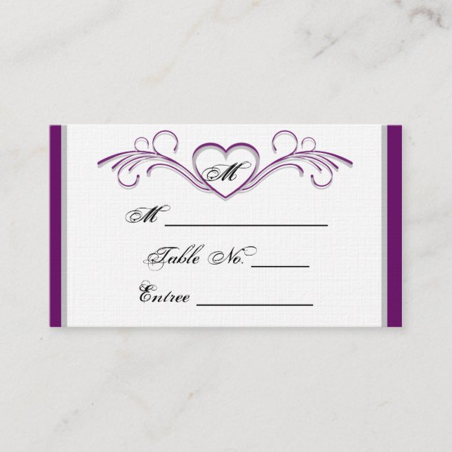 Purple and Silver Heart Scroll Monogram Place Card (Front)