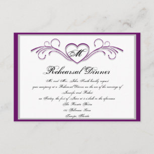 Purple and Silver Heart Scroll Monogram Rehearsal Invitation