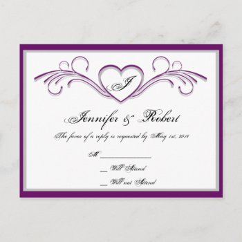 Purple And Silver Heart Scroll Monogram Rsvp Invitation Postcard by NoteableExpressions at Zazzle
