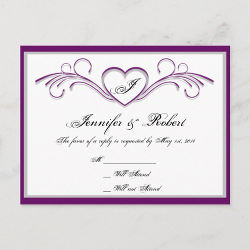 Purple and Silver Heart Scroll Monogram RSVP Invitation Postcard