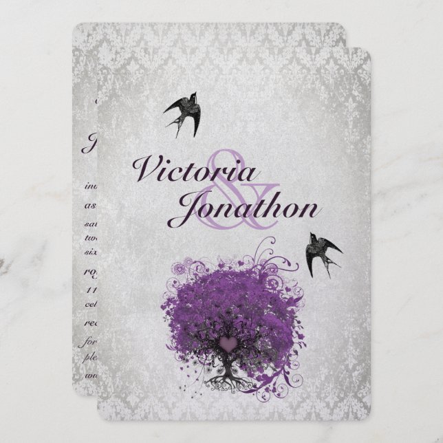 Purple and Silver Heart Tree Wedding Invitation (Front/Back)