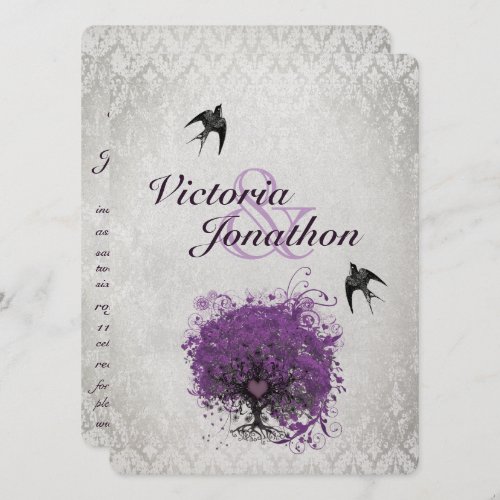 Purple and Silver Heart Tree Wedding Invitation