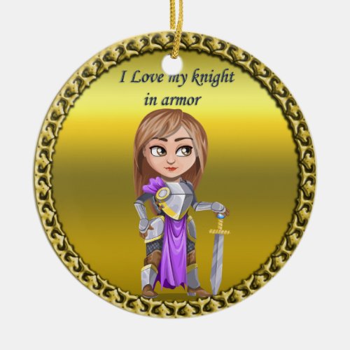 Purple and silver knight in her armor and sword ceramic ornament