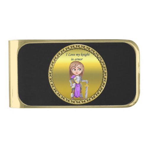 Purple and silver knight in her armor and sword gold finish money clip