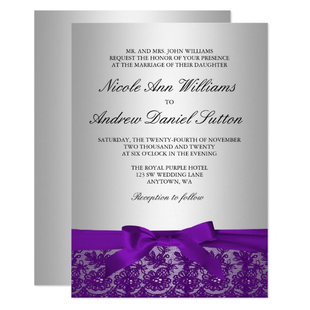 Purple And Silver Lace Wedding Invitation