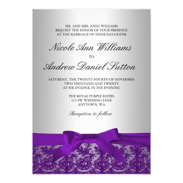 Purple And Silver Lace Wedding Invitation
