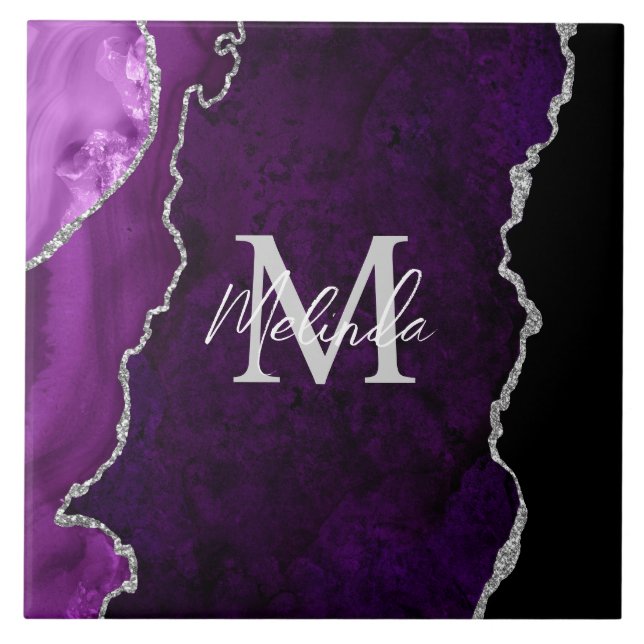 Purple and Silver Marble Agate Ceramic Tile (Front)