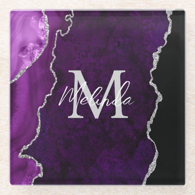 Purple and Silver Marble Agate Glass Coaster (Front)