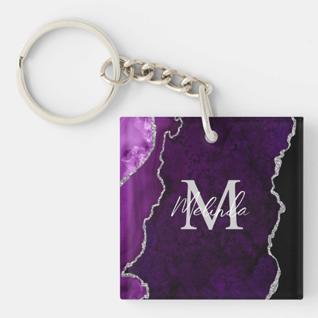 Purple and Silver Marble Agate Keychain (Front)