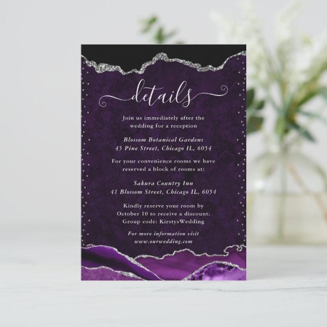 Purple and Silver Marble Agate Wedding Details Enclosure Card (Standing Front)