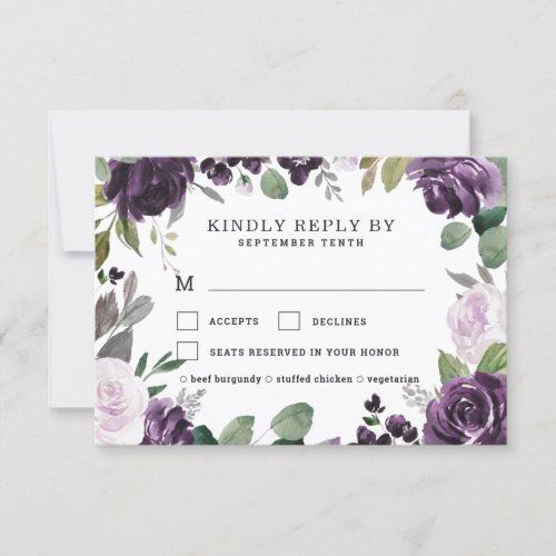 Purple and Silver Meal Choice Floral Rose Wedding RSVP Card