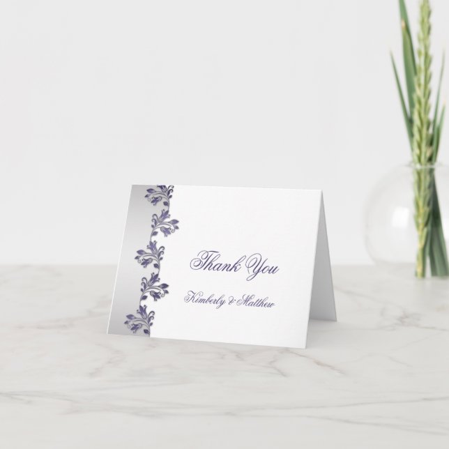 Purple and Silver Ornate Floral Swirls Thank You Card (Front)