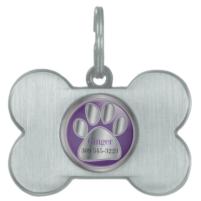 Purple and Silver Paw Print | Personalize Pet Tag (Front)