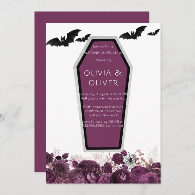  Purple and Silver Peony Coffin Bats Wedding Invit Invitation (Front/Back)
