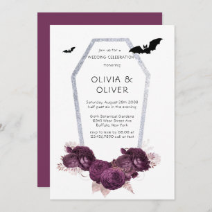 Purple and Silver Peony Coffin Bats Wedding Invitation