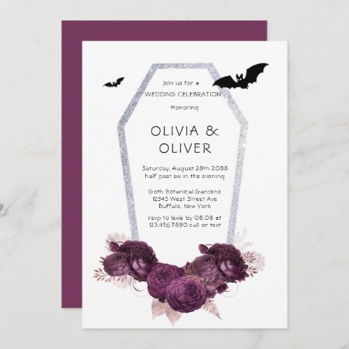  Purple and Silver Peony Coffin Bats Wedding Invitation