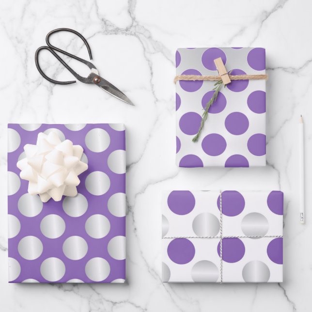 Purple and silver polka dots wrapping paper sheets (Front)