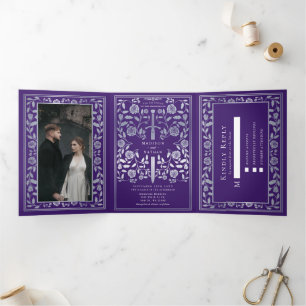 Purple and Silver Royal Medieval Sword Wedding Tri-Fold Invitation