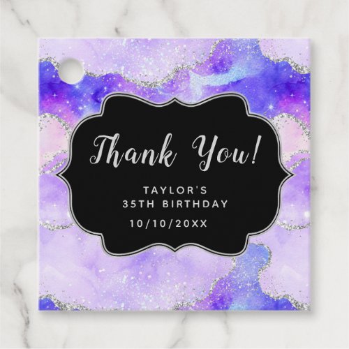 Purple and Silver Sequins Agate Birthday Thank You Favor Tags
