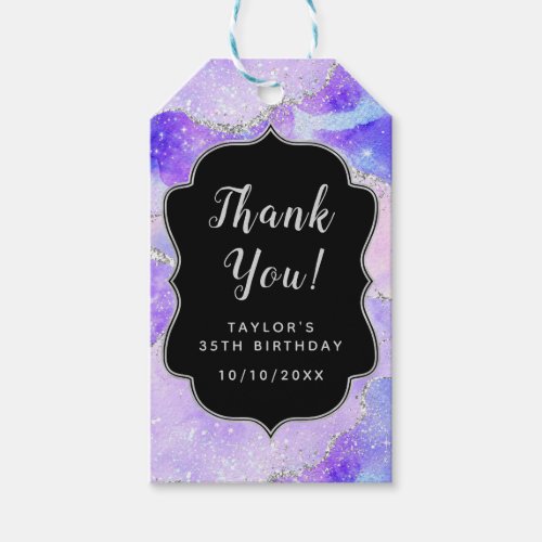 Purple and Silver Sequins Agate Birthday Thank You Gift Tags