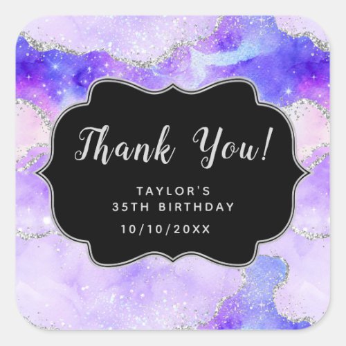 Purple and Silver Sequins Agate Birthday Thank You Square Sticker