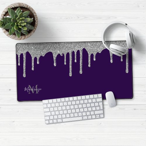 Purple and Silver Sparkle Glitter Drips Monogram Desk Mat