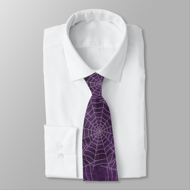 Purple and Silver Spiderweb Gothic Pattern Neck Tie (Tied)