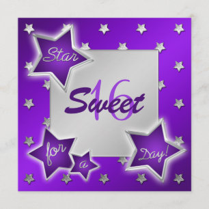 Purple and Silver Stars Sweet 16 Invitation