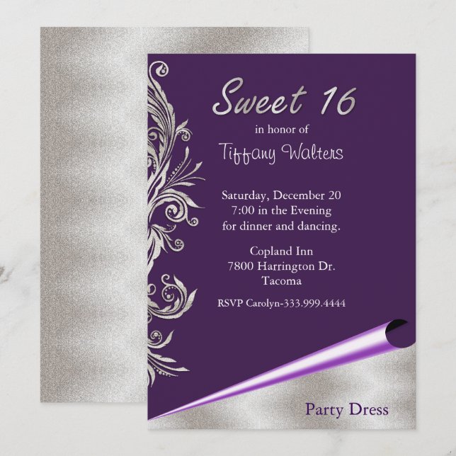 Purple and Silver Sweet 16 Birthday Invitation (Front/Back)